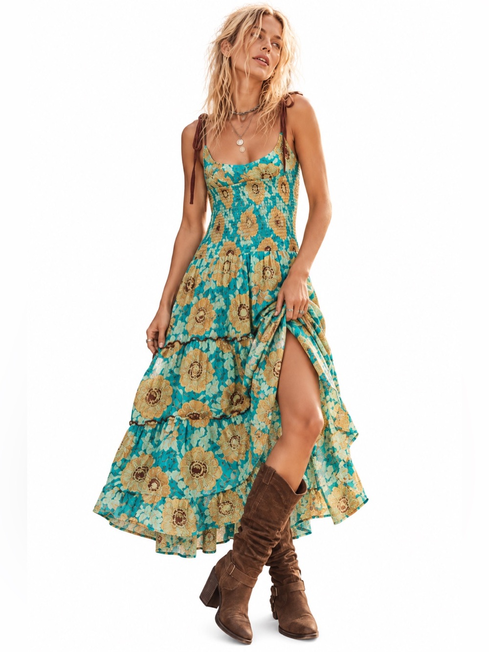 FREE PEOPLE Aadrel Floral Tie Strap Tiered High-Low Midi Dress Wms Size XL NWT